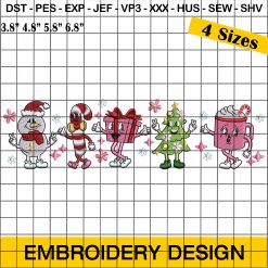 Christmas Characters Embroidery Designs - Christmas Snowman, Candy Cane, Christmas Gift Box, Christmas Tree, Christmas Coffee Mug