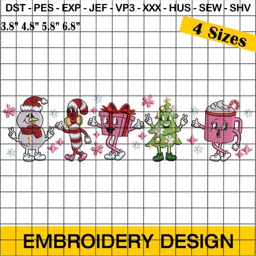 Christmas Characters Embroidery Designs - Christmas Snowman, Candy Cane, Christmas Gift Box, Christmas Tree, Christmas Coffee Mug