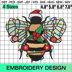 Christmas Bee Embroidery Design with Santa Hat and Lights