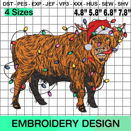 Highland Cow Embroidery Design - Christmas Lights Embroidery Design