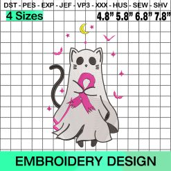 Ghost Cat With Pink Ribbon Embroidery Design, Breast Cancer Awareness Embroidery Design, Cute Halloween Embroidery Design