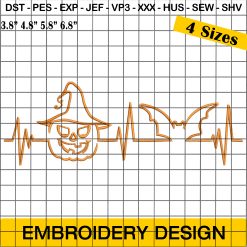 Pumpkin and Bat Embroidery Design, Halloween Embroidery Design, Heartrate Embroidery Design