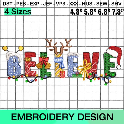 Christmas Believe Santa Hat Embroidery Design