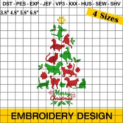 Cat Christmas Tree Embroidery Design, Merry Christmas Embroidery Design