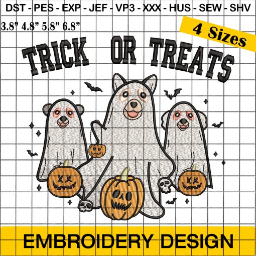 Trick Or Treats Embroidery Design, Ghost Dog Embroidery Design, Halloween Pumpkin Embroidery Design