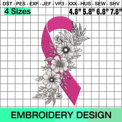 Flowers Ribbon Embroidery Design, Breast Cancer Awareness Embroidery Design