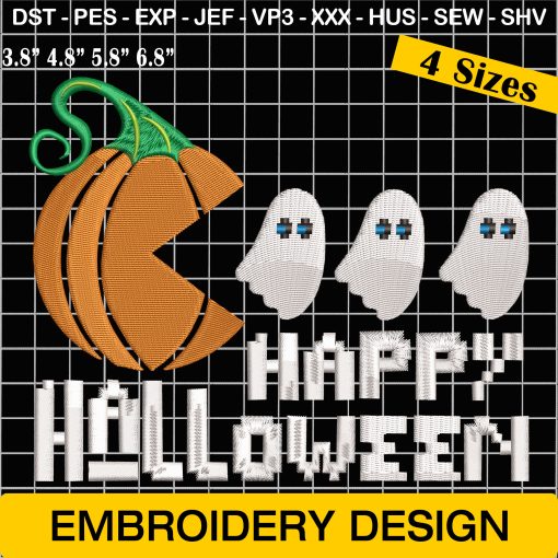 Happy Halloween Embroidery Design, Pacman Pumpkin Embroidery Design