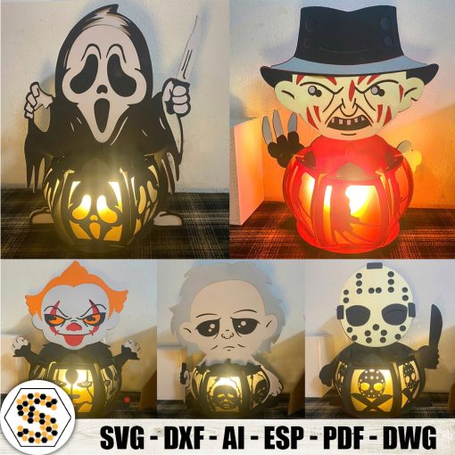 Halloween Lantern 3D Paper Cut, Scream Ghostface Lantern 3D Paper Cut, Freddy Kruger Lantern 3D Paper Cut, Pennywise Lantern 3D Paper Cut, Michael Myers Lantern 3D Paper Cut, Jason Voorhees Lantern 3D Paper Cut