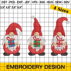 3 Gnomes with Christmas Gifts Embroidery Designs - Festive Gnome Embroidery for Holiday Gifts