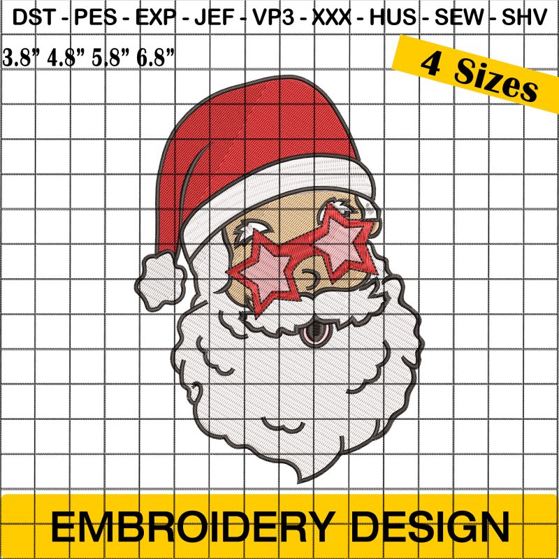 Santa Claus Face with Star-Shaped Glasses Embroidery Designs