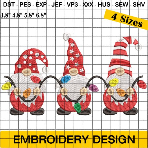 Festive Gnome Embroidery Designs - 3 Gnomes Christmas Embroidery for Holiday Projects