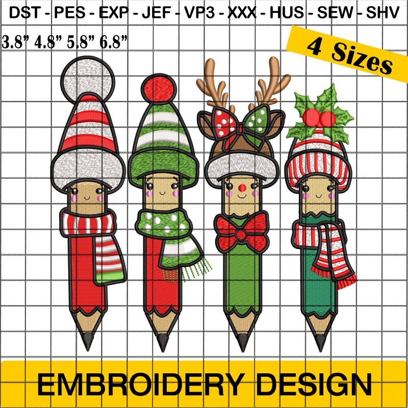 Cute Christmas Pencils Embroidery Designs