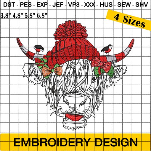 Highland Cow Embroidery Design with Christmas Hat Line Art