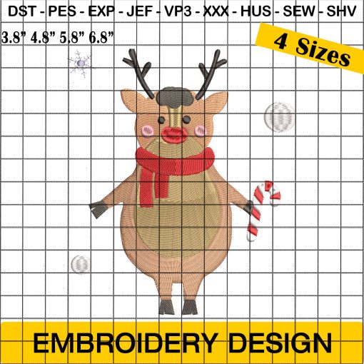 Cute Reindeer with Candy Cane Christmas Embroidery Designs