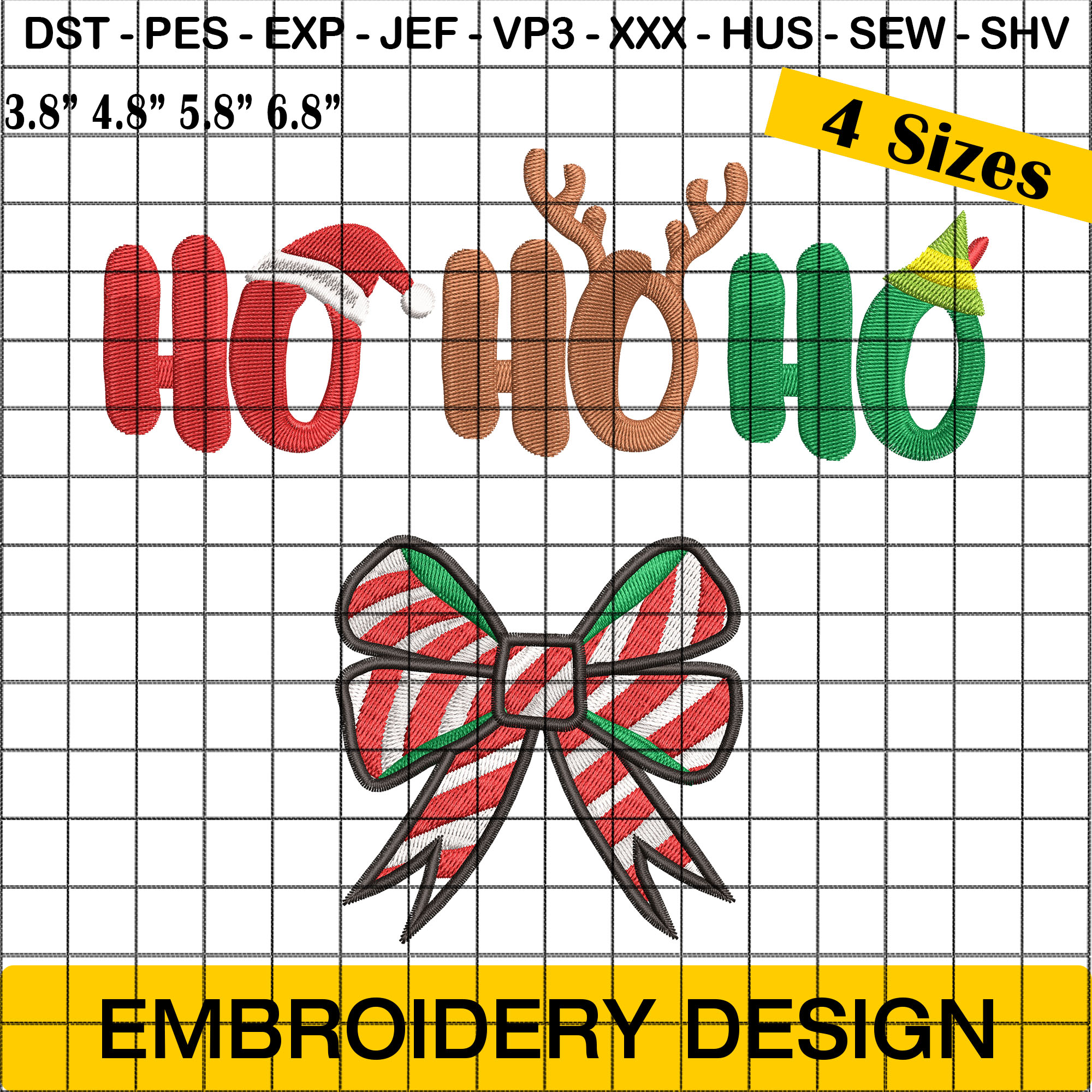 Ho Ho Ho Christmas Embroidery Design with Bow