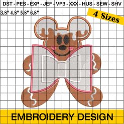 Mickey Mouse Gingerbread Christmas Embroidery Design with Festive Bow