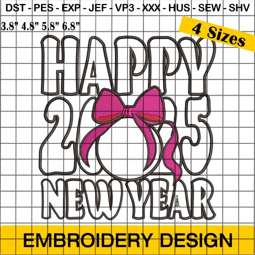 Pink Coquette Bow Happy 2025 New Year Embroidery Design