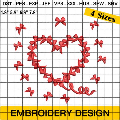 Bow Heart Embroidery Designs, Heart Valentine Embroidery Design