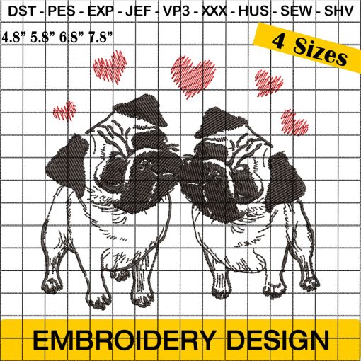 Pugs and Kisses Valentine Embroidery, Dog Valentine Embroidery Design