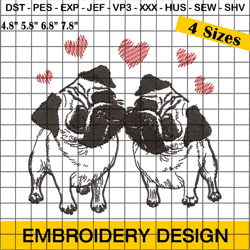 Pugs and Kisses Valentine Embroidery, Dog Valentine Embroidery Design