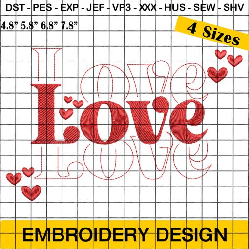 Love Embroidery Design, Retro Valentine Embroidery Design, Love Word Embroidery Design