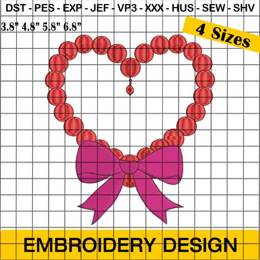 Pink Coquette Bow Heart Embroidery, Heart Outline Embroidery Design