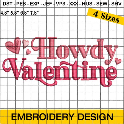 Howdy Valentine Embroidery Design, Retro Valentine Hearts Embroidery Design