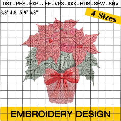 Christmas Poinsettia Embroidery, Red Flower Embroidery Design