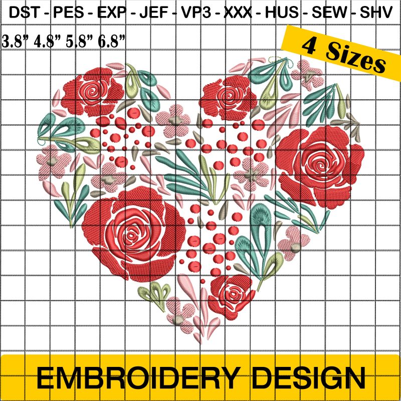 Flower Heart Machine Embroidery Design, Happy Valentines Day Heart Made with Flowers Embroidery Design