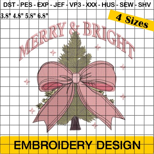 Merry and Bright Embroidery, Merry Christmas Pink Coquette Bow Tree Embroidery Design