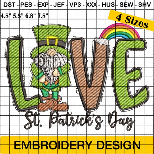 Love St Patricks Day Embroidery, Valentines Day Patricks Gnome Embroidery Design