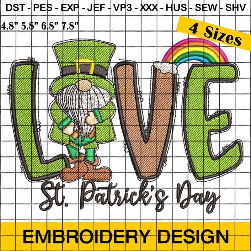 Love St. Patricks Day Embroidery, Valentines Day Patricks Gnome Embroidery Design