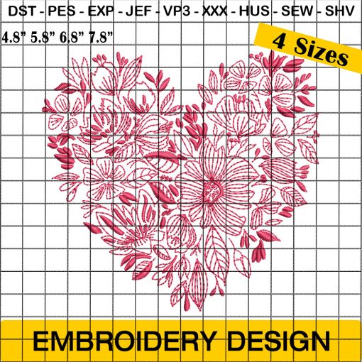 Floral Heart Embroidery Design, Red Flowers Heart Embroidery Design