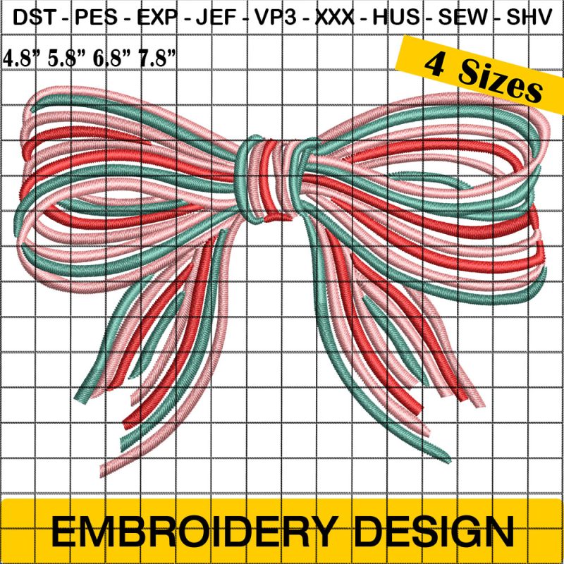 Holiday Patriotic Striped Bow Embroidery Design, Herrington Design