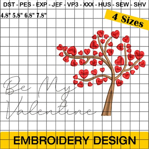 Be my Valentine Embroidery Designs, Valentine Tree Embroidery Design