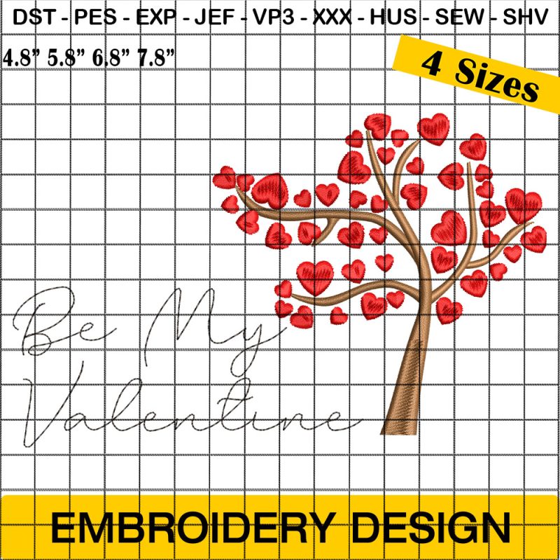 Be my Valentine Embroidery Designs, Valentine Tree Embroidery Design