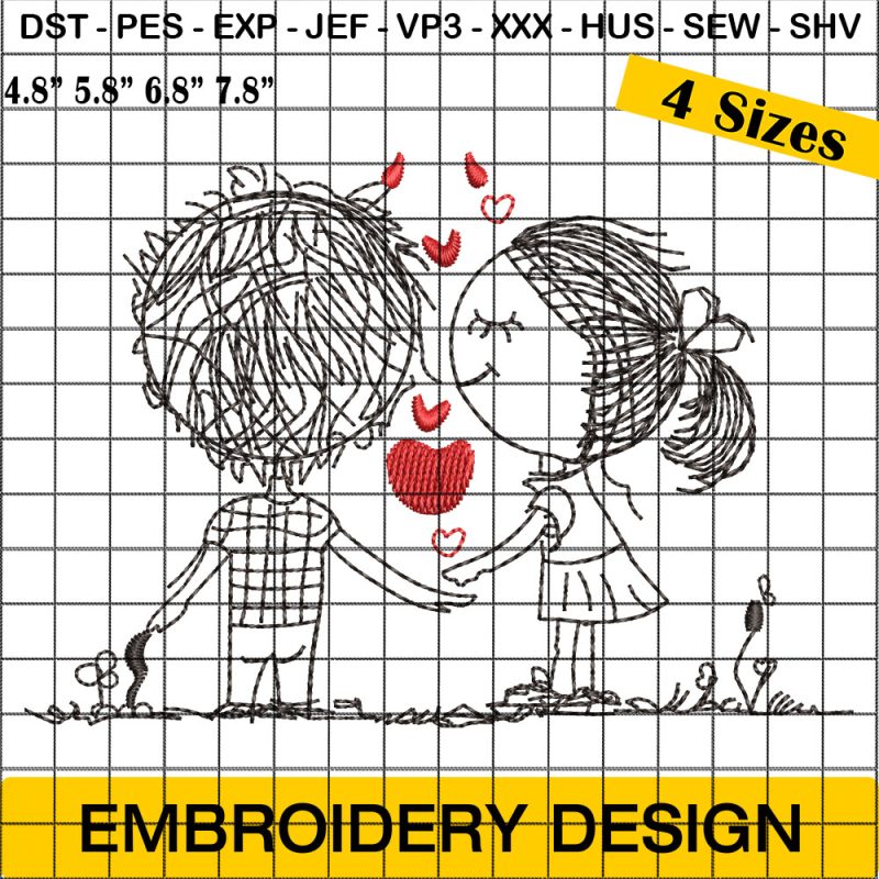  Cartoon Couple Romantic Love Embroidery Design, Romantic Couple Embroidery Design