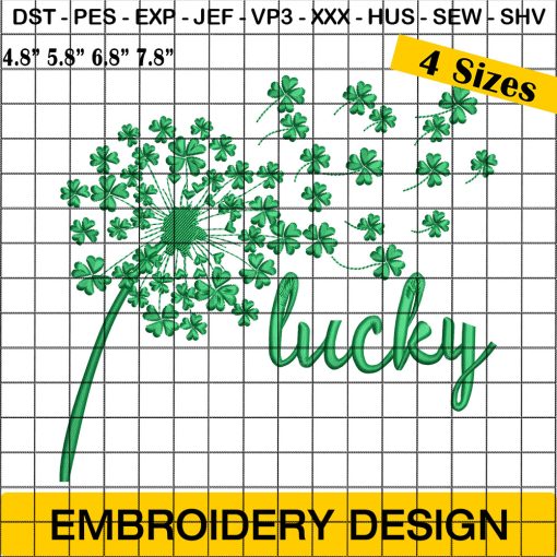 Dandelion Shamrock Embroidery Design, St Patrick Day Embroidery Design, Lucky Dandelion Embroidery Design