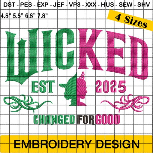 Witch Pink And Green Embroidery Designs, Wicked Embroidery Design, Trending Embroidery Pattern