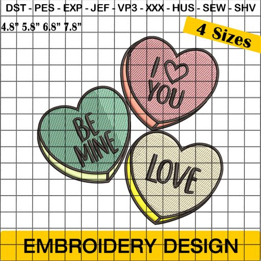 Candy Hearts Embroidery Design, Conversation Hearts Embroidery File