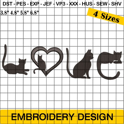 Cat Love Embroidery, I Love Cats Embroidery Design