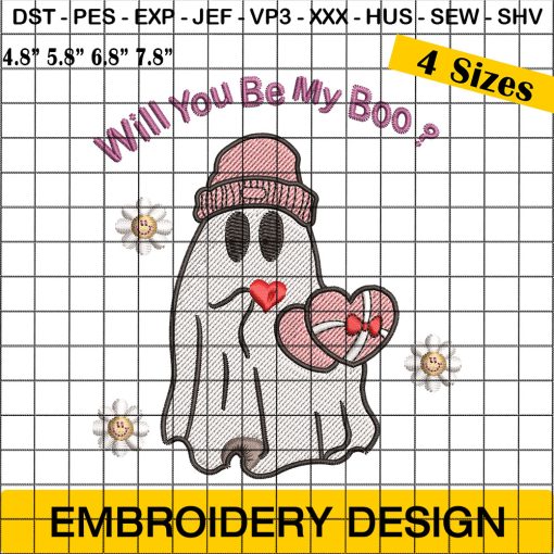 Will You Be My Boo Ghost Embroidery, Valentines Day Ghost Embroidery Design