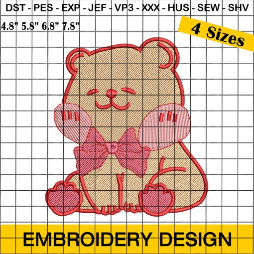 Teddy Bear with Bow Embroidery Design, Love Teddy Bear Embroidery Design