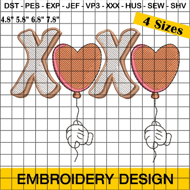 Valentines XOXO Embroidery Design, XOXO Valentine's Day Love Heart Embroidery Design