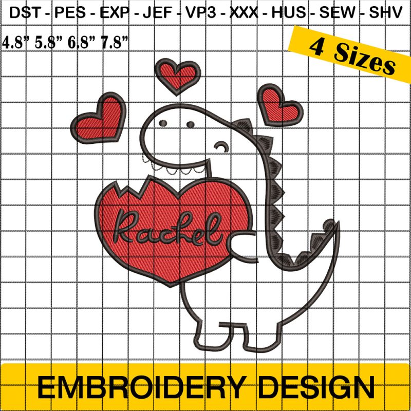 Valentine's day dinosaur Embroidery, Rachel Dinosaur Love Embroidery Design