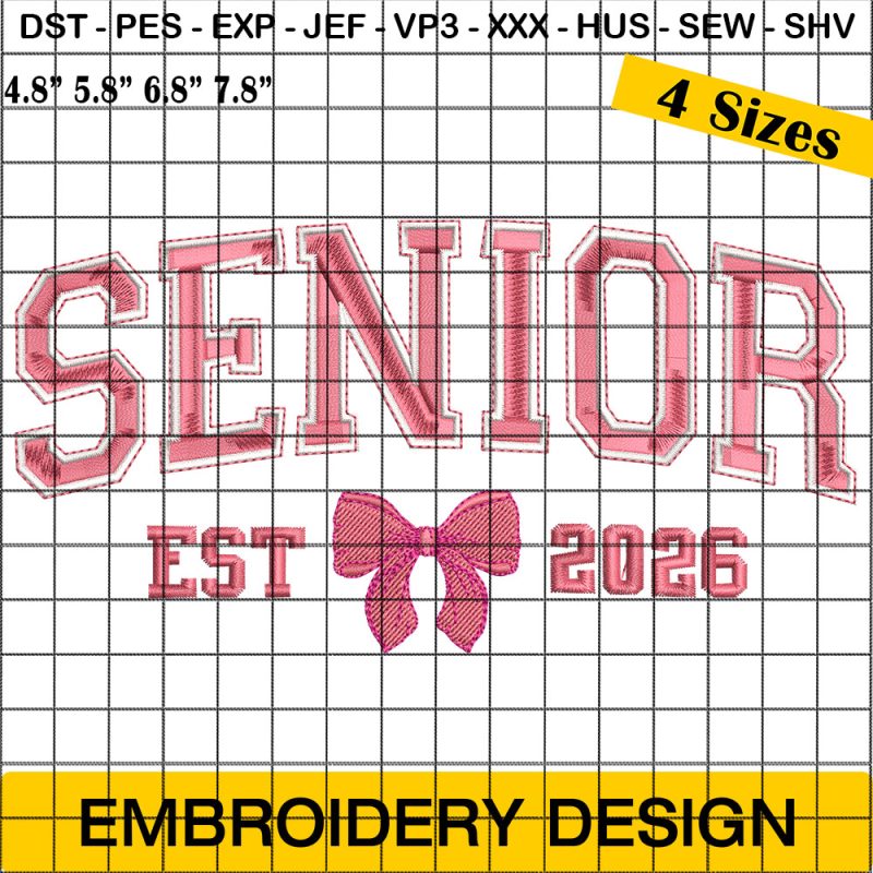 Coquette Senior class of 2026 Embroidery Design, Coquette Bow Embroidery Design, Class Of 2026 Senior Embroidery Design