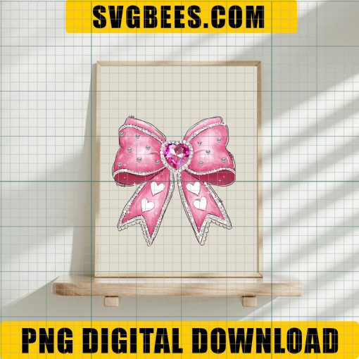 Pink bow with gems Png, Bow Heart png, Coquette Valentine's Day png, Bow png, Heart png - Image 5