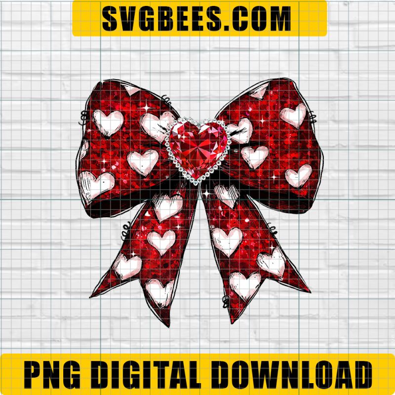 Red Glitter Valentine Coquette Bow PNG, Valentine Coquette Bow With Gems PNG, Happy Valentine's Day