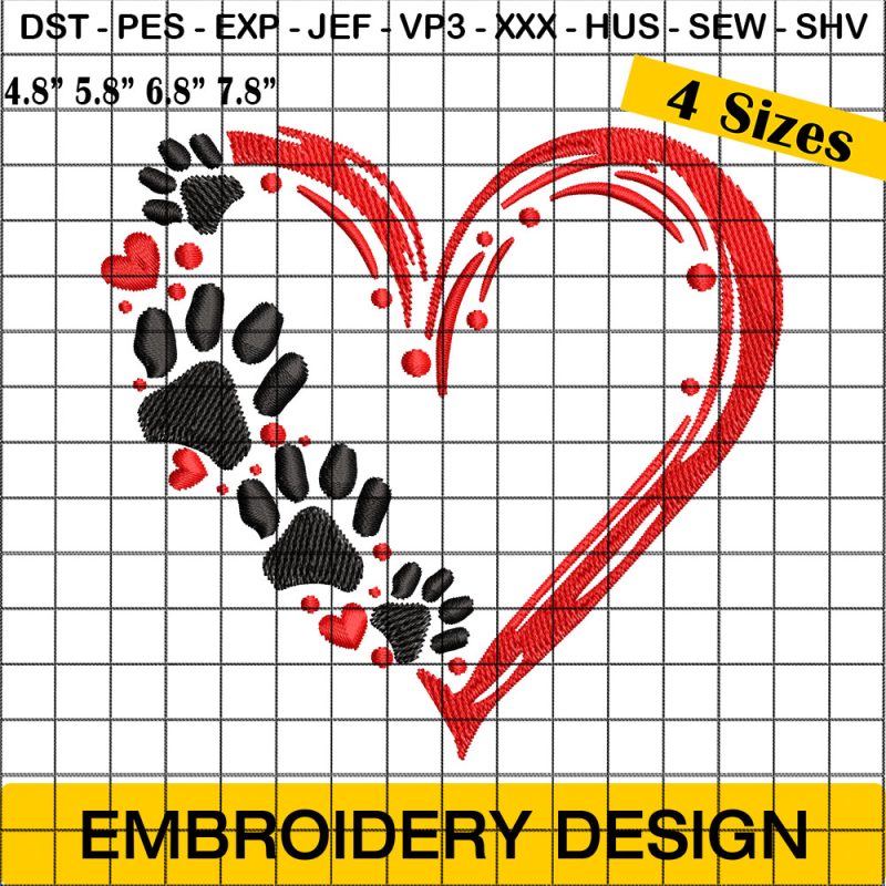 Paw Heart Valentines Day Embroidery Design