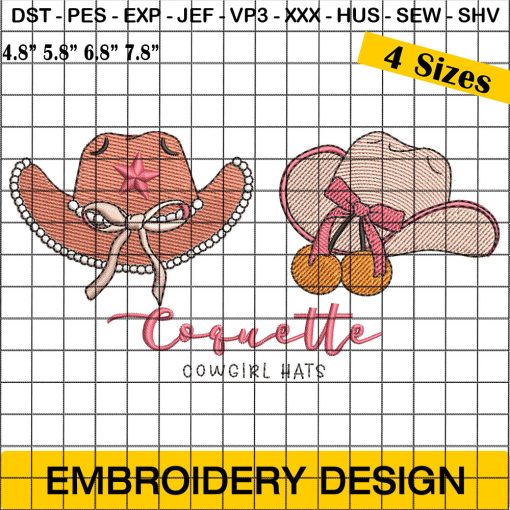 Coquette Cowgirl Hats Embroidery, Hat with Bow Embroidery Design